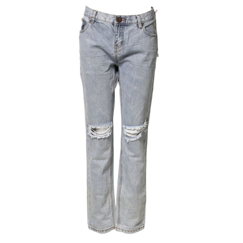 One Teaspoon Light Blue Tattered Mid Waist Straight Denim Women's Jeans